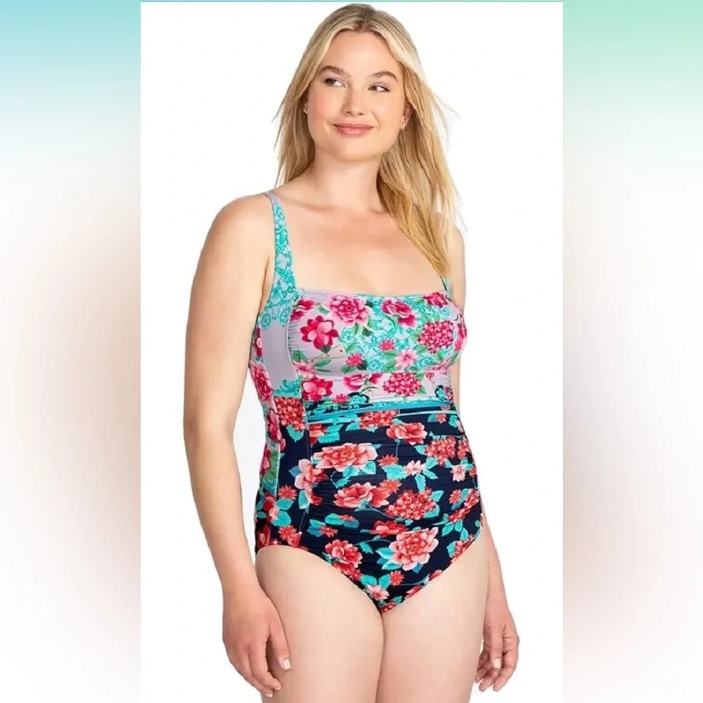 Johnny Was Japer Ruched One-Piece Swimsuit in Floral Multi Sz 2X